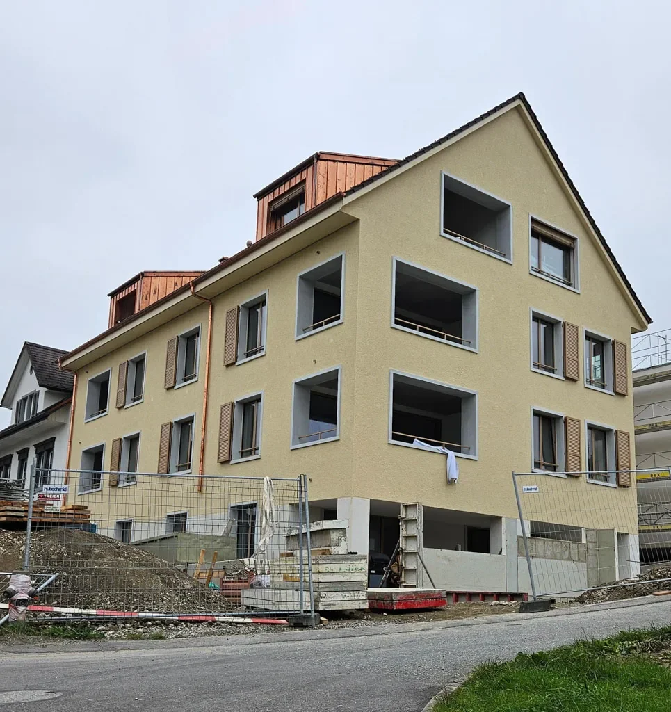 Ein Mitarbeiter von Leo & Bucher bei Malerarbeiten an einer Wand unter einer Holzdecke